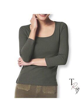 SPANX NWT Ribbed Long Sleeve Top Tee Scoop Neck Olive Green Size M Minimalist